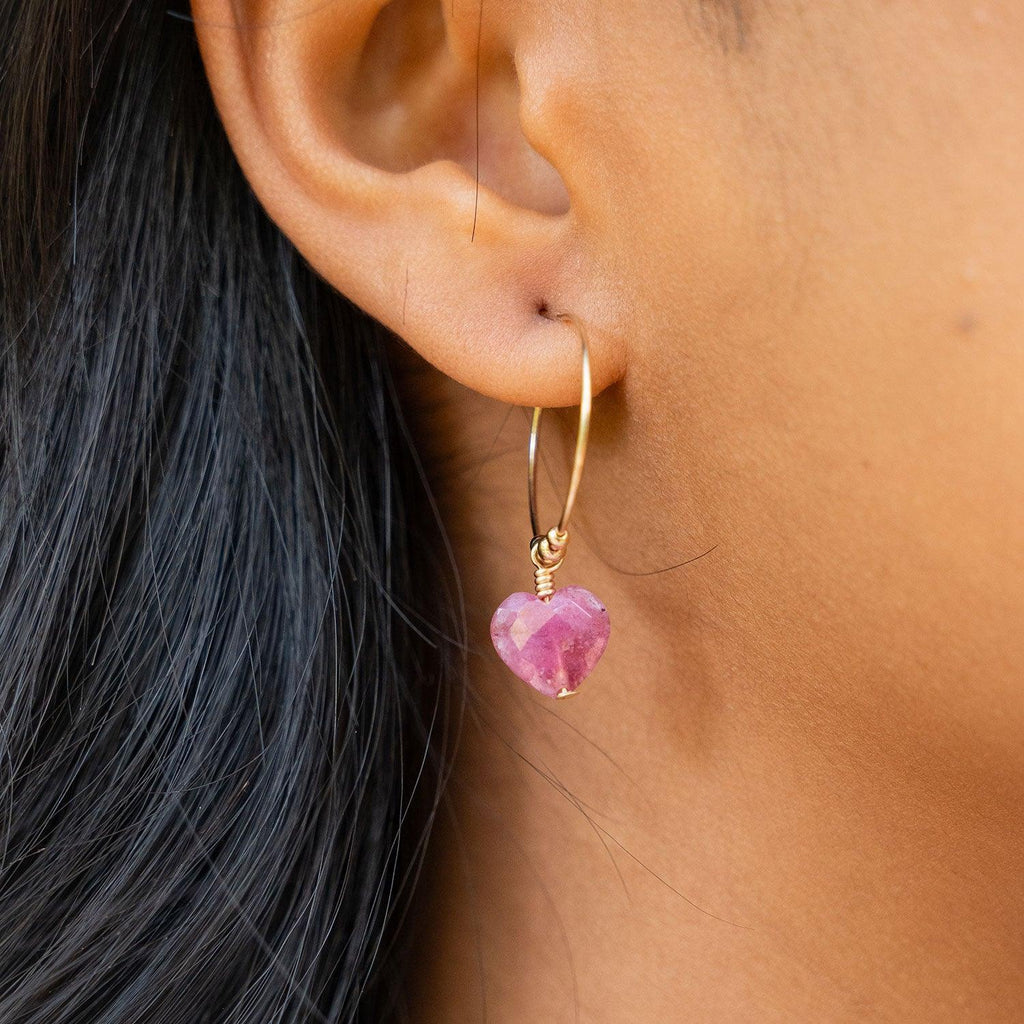 Custom Crystal Heart Dangle Hoop Earrings - Custom Crystal Heart Dangle Hoop Earrings - Sterling Silver / 15mm - Luna Tide Handmade Crystal Jewellery