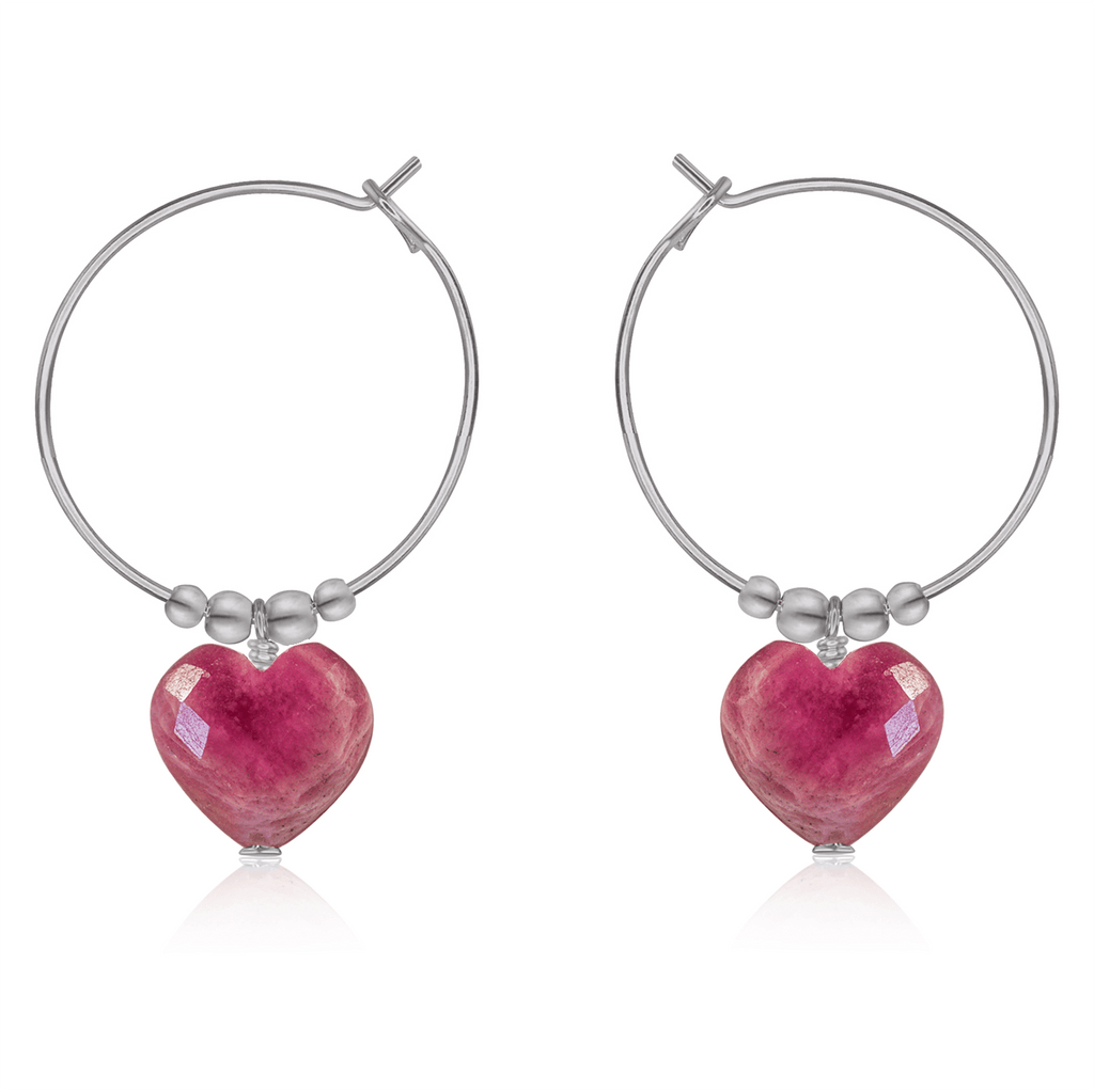 Ruby Crystal Heart Dangle Hoop Earrings - Ruby Crystal Heart Dangle Hoop Earrings - Stainless Steel - Luna Tide Handmade Crystal Jewellery