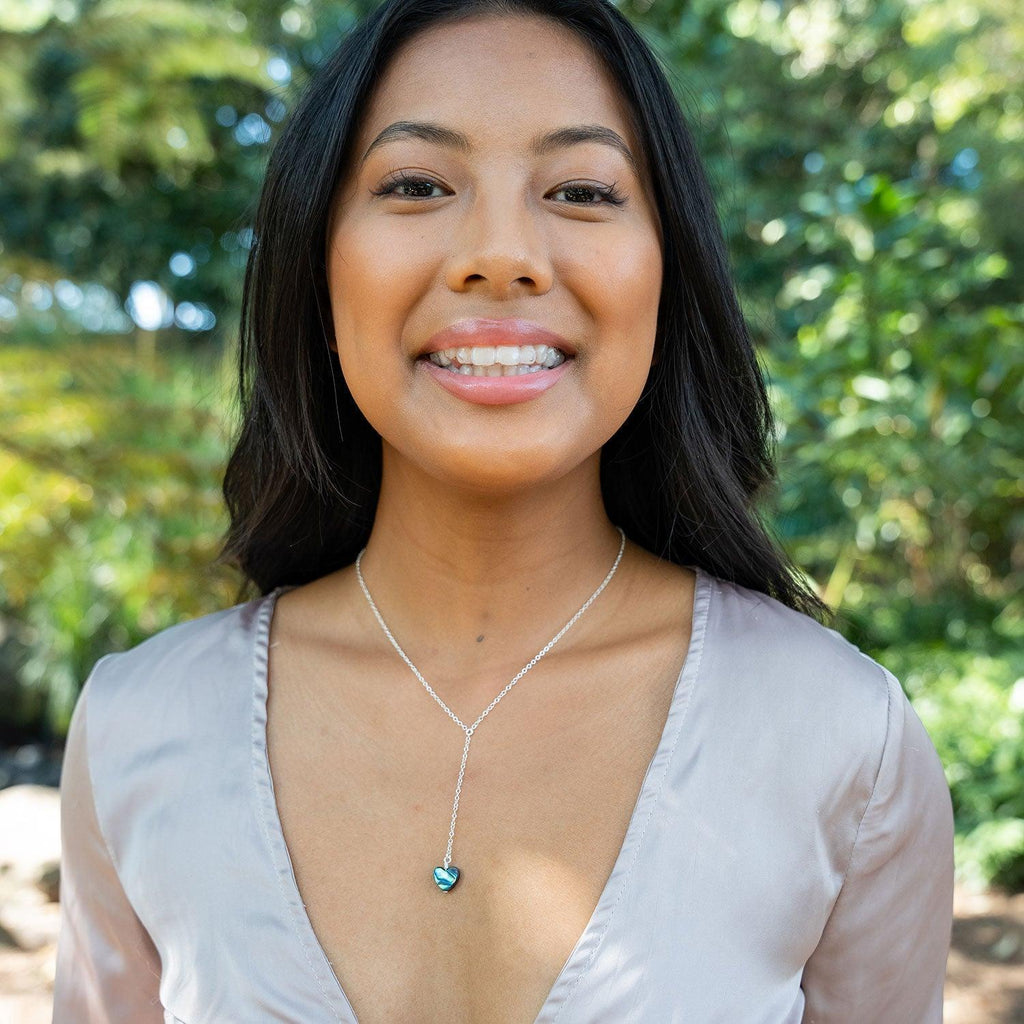 Abalone Shell Heart Lariat Necklace - Abalone Shell Heart Lariat Necklace - Sterling Silver - Luna Tide Handmade Crystal Jewellery