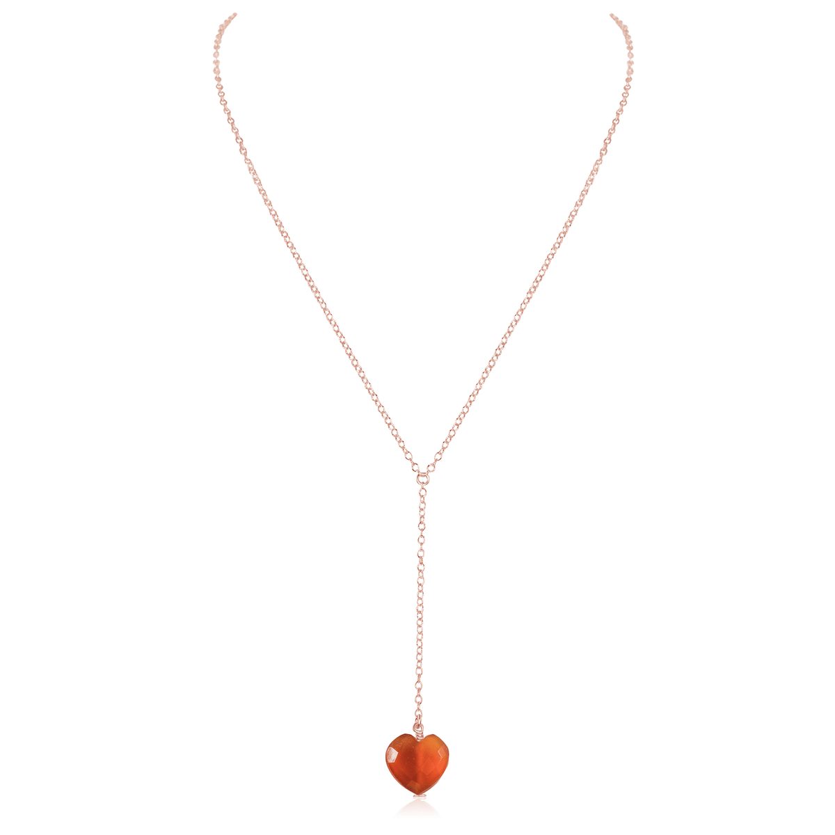 Carnelian Crystal Heart Lariat Necklace - Carnelian Crystal Heart Lariat Necklace - 14k Rose Gold Fill - Luna Tide Handmade Crystal Jewellery