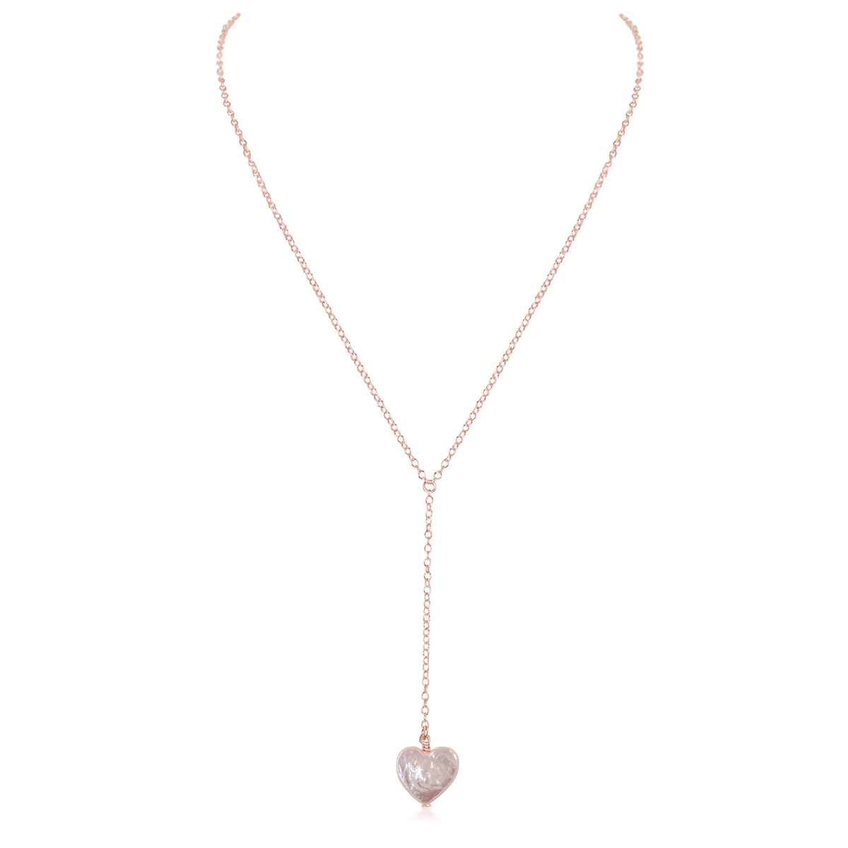 Freshwater Pearl Heart Lariat Necklace - Freshwater Pearl Heart Lariat Necklace - 14k Rose Gold Fill - Luna Tide Handmade Crystal Jewellery