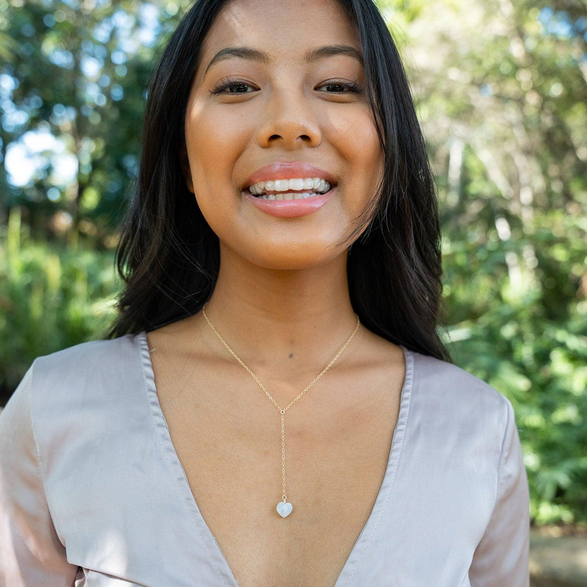 Rainbow Moonstone Crystal Heart Lariat Necklace - Rainbow Moonstone Crystal Heart Lariat Necklace - 14k Gold Fill - Luna Tide Handmade Crystal Jewellery