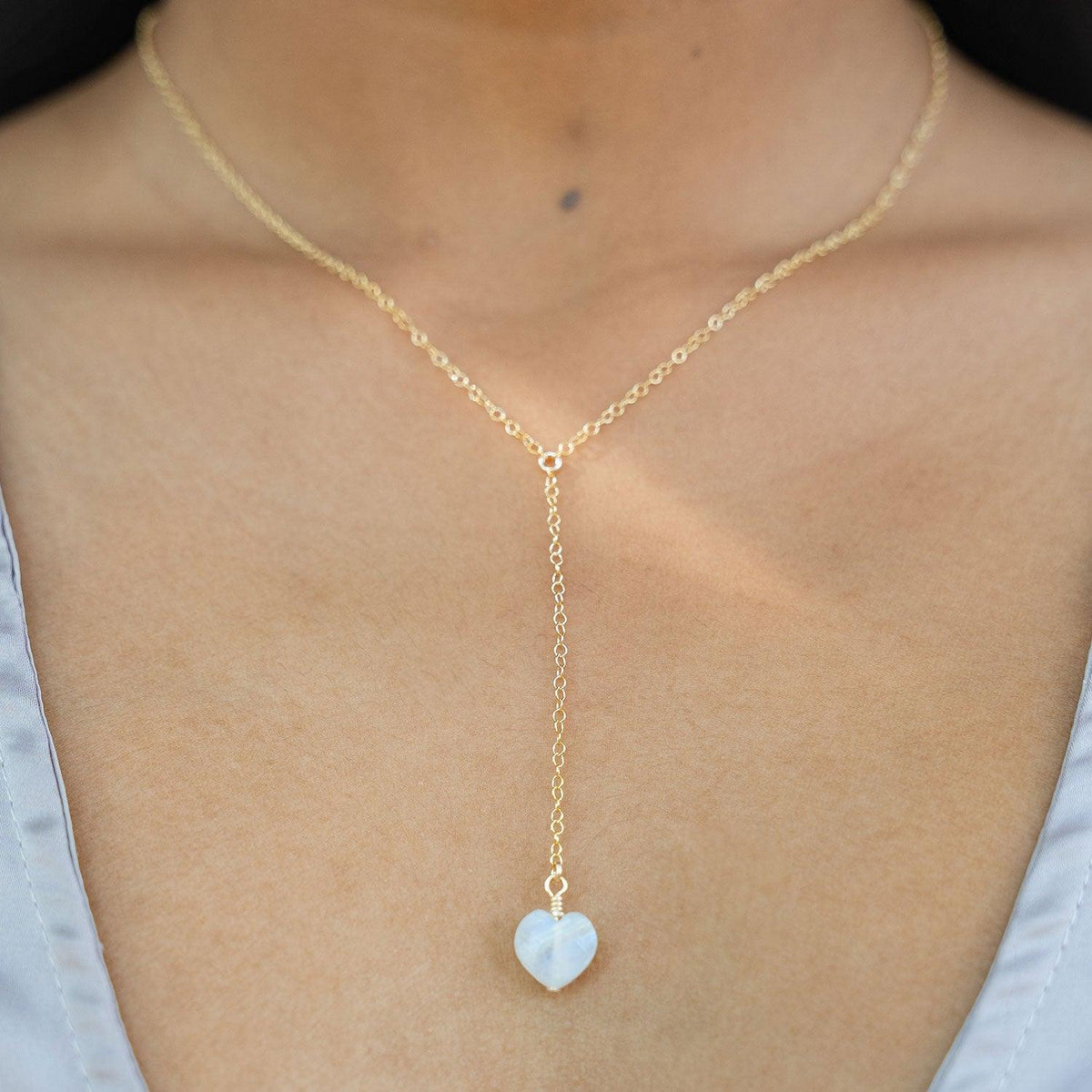 Rainbow Moonstone Crystal Heart Lariat Necklace - Rainbow Moonstone Crystal Heart Lariat Necklace - 14k Gold Fill - Luna Tide Handmade Crystal Jewellery