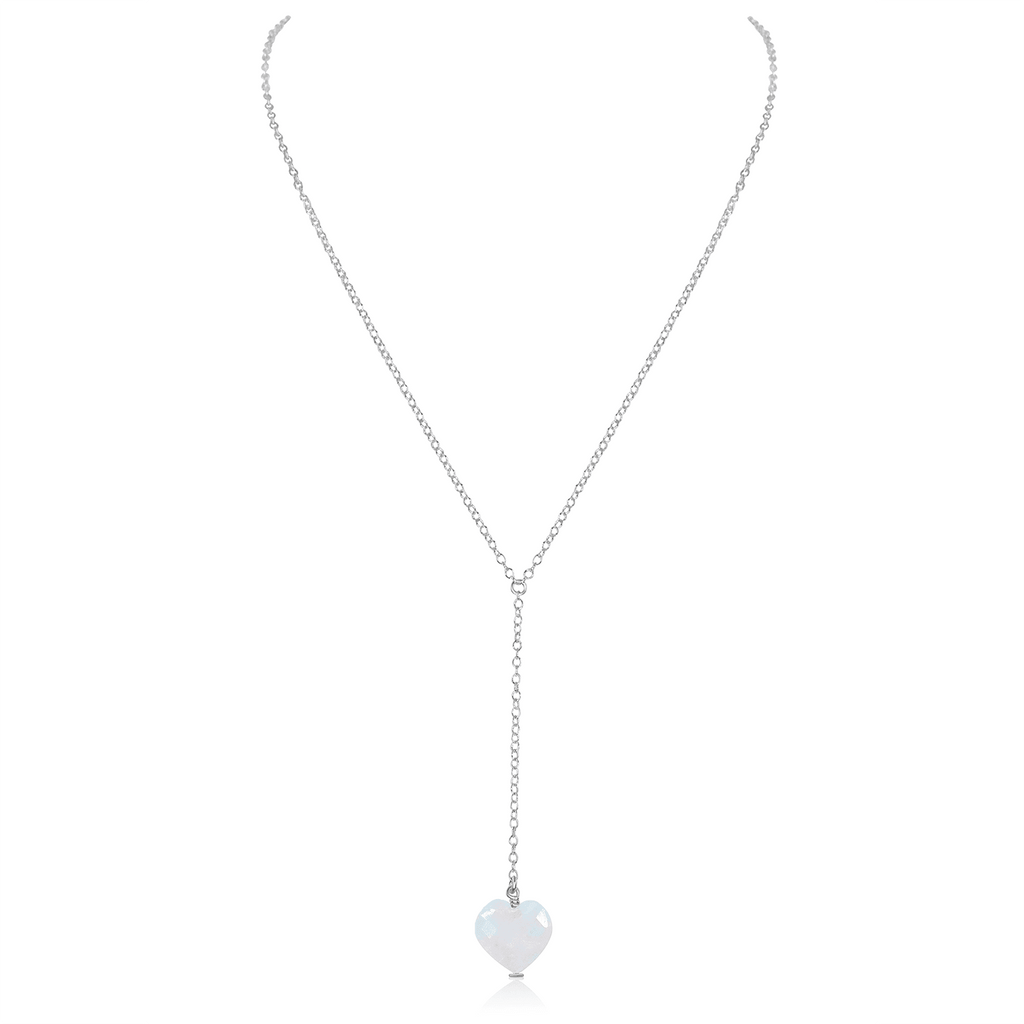Rainbow Moonstone Crystal Heart Lariat Necklace - Rainbow Moonstone Crystal Heart Lariat Necklace - Sterling Silver - Luna Tide Handmade Crystal Jewellery