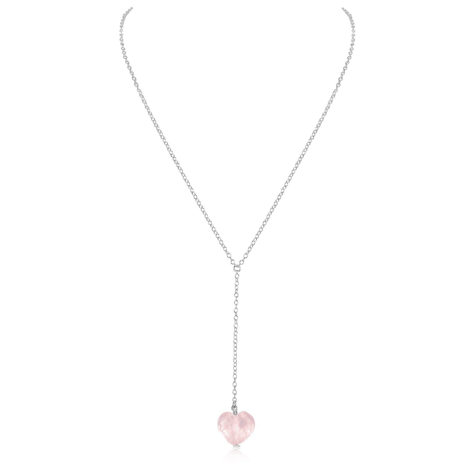 Rose Quartz Crystal Heart Lariat Necklace - Rose Quartz Crystal Heart Lariat Necklace - Sterling Silver - Luna Tide Handmade Crystal Jewellery