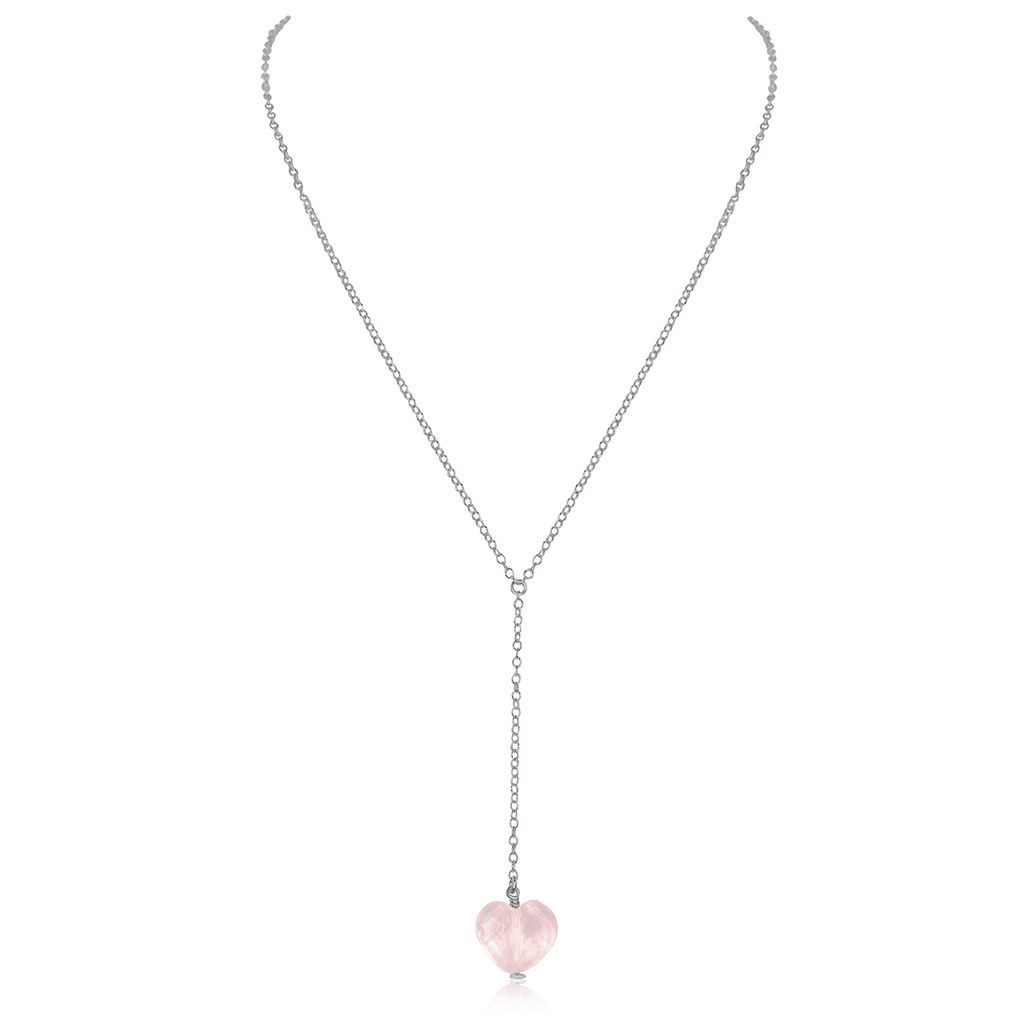 Rose Quartz Crystal Heart Lariat Necklace - Rose Quartz Crystal Heart Lariat Necklace - Stainless Steel - Luna Tide Handmade Crystal Jewellery
