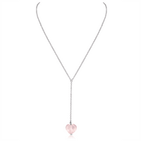 Rose Quartz Crystal Heart Lariat Necklace - Rose Quartz Crystal Heart Lariat Necklace - Stainless Steel - Luna Tide Handmade Crystal Jewellery