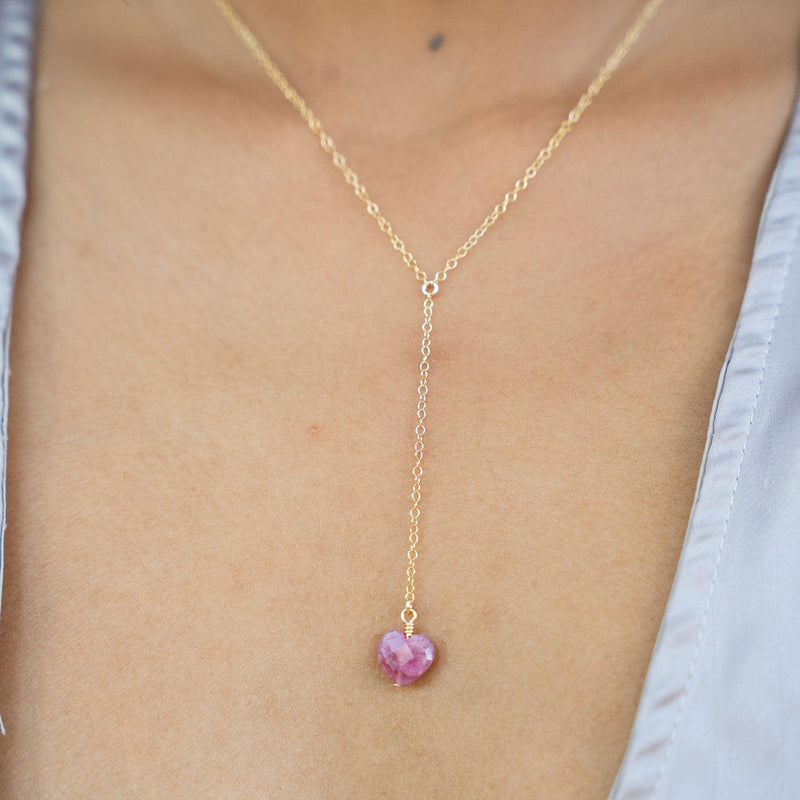 Ruby Crystal Heart Lariat Necklace - Ruby Crystal Heart Lariat Necklace - 14k Gold Fill - Luna Tide Handmade Crystal Jewellery