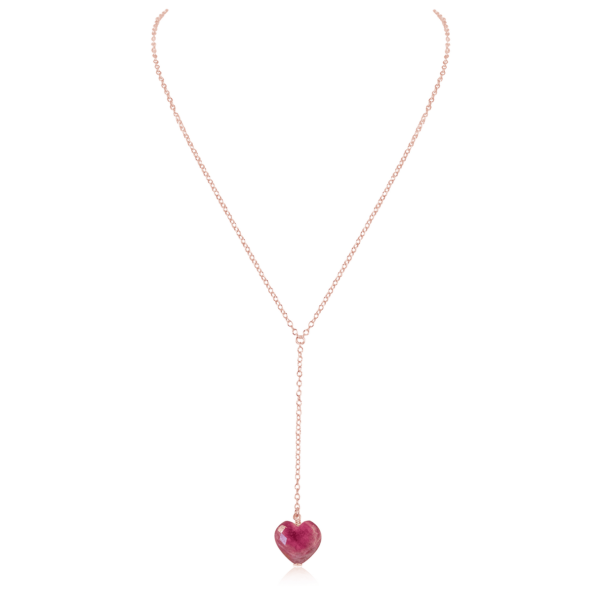 Ruby Crystal Heart Lariat Necklace - Ruby Crystal Heart Lariat Necklace - 14k Rose Gold Fill - Luna Tide Handmade Crystal Jewellery