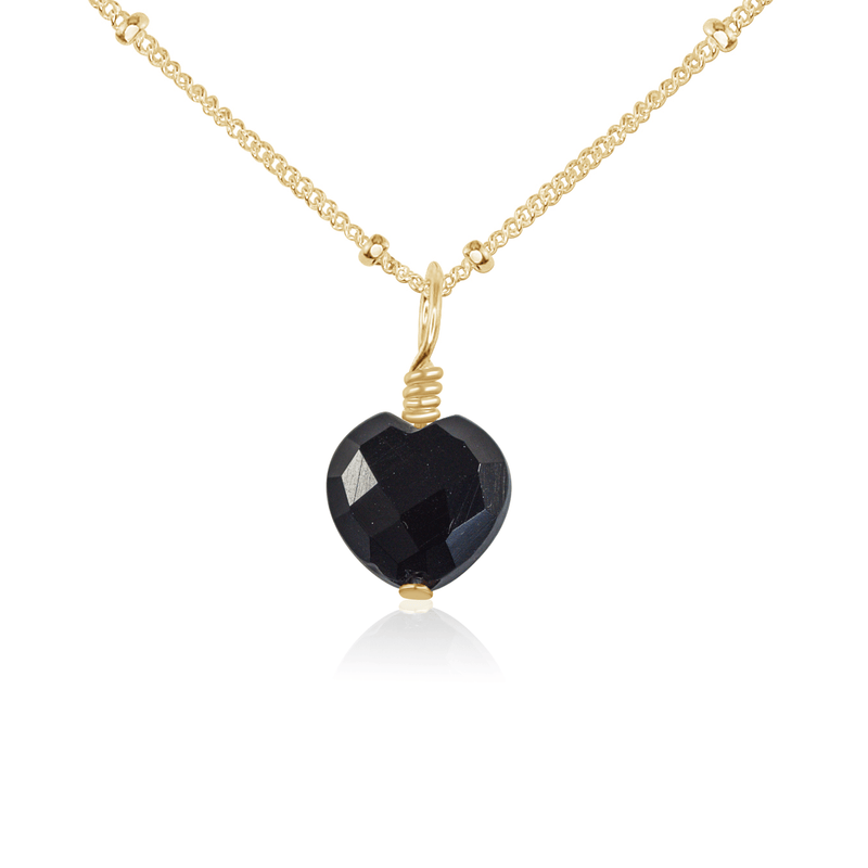 Black Onyx Crystal Heart Pendant Necklace - Black Onyx Crystal Heart Pendant Necklace - 14k Gold Fill / Satellite - Luna Tide Handmade Crystal Jewellery
