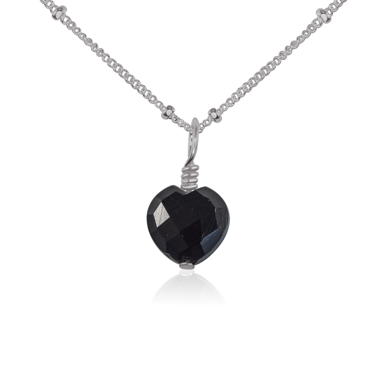 Black Onyx Crystal Heart Pendant Necklace - Black Onyx Crystal Heart Pendant Necklace - Stainless Steel / Satellite - Luna Tide Handmade Crystal Jewellery
