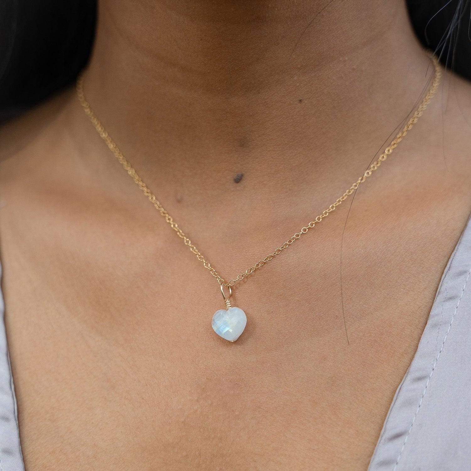 Rainbow Moonstone Crystal Heart Pendant Necklace - Rainbow Moonstone Crystal Heart Pendant Necklace - 14k Gold Fill / Cable - Luna Tide Handmade Crystal Jewellery