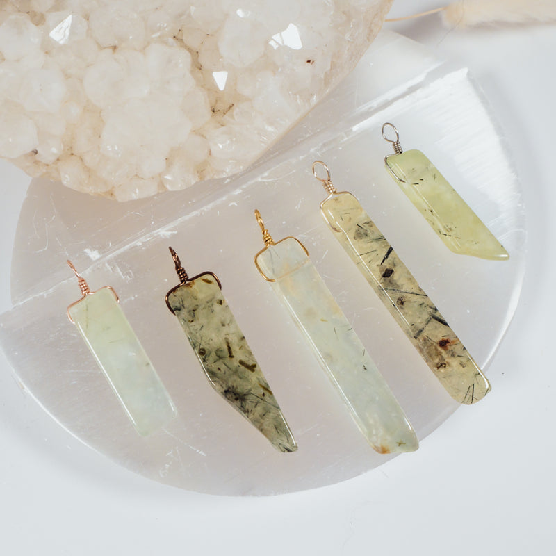 Raw Polished Natural Prehnite Crystal Slice Point Pendant