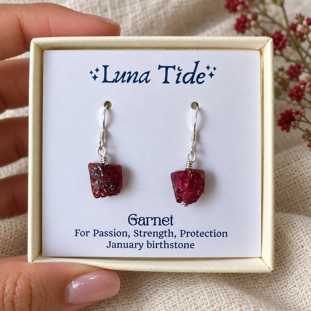 Raw Red Garnet Crystal Dangle Drop Earrings