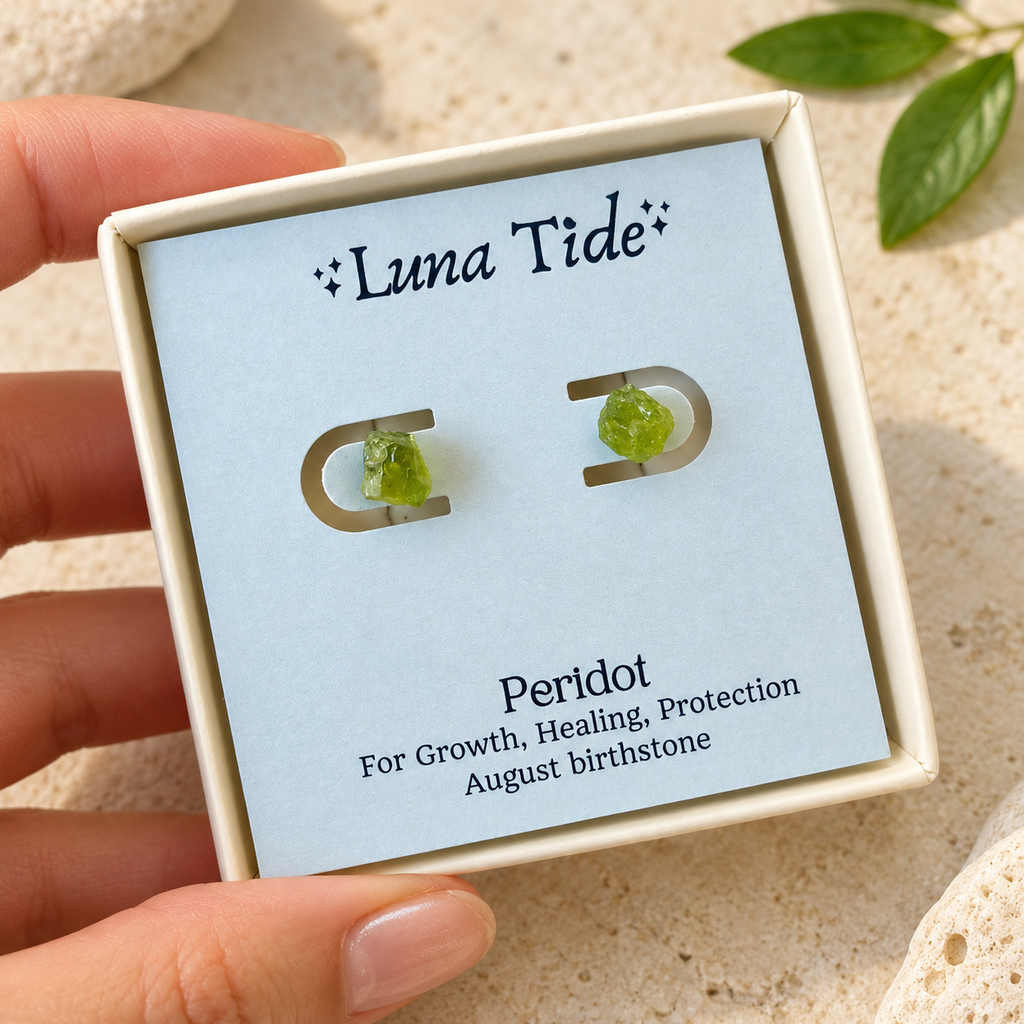 Green Peridot Raw Crystal Stud Earrings