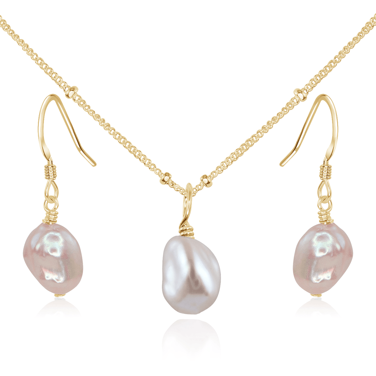 Raw Freshwater Pearl Crystal Earrings & Necklace Set - Raw Freshwater Pearl Crystal Earrings & Necklace Set - 14k Gold Fill / Satellite - Luna Tide Handmade Crystal Jewellery