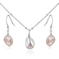 Raw Freshwater Pearl Crystal Earrings & Necklace Set - Raw Freshwater Pearl Crystal Earrings & Necklace Set - Sterling Silver / Satellite - Luna Tide Handmade Crystal Jewellery