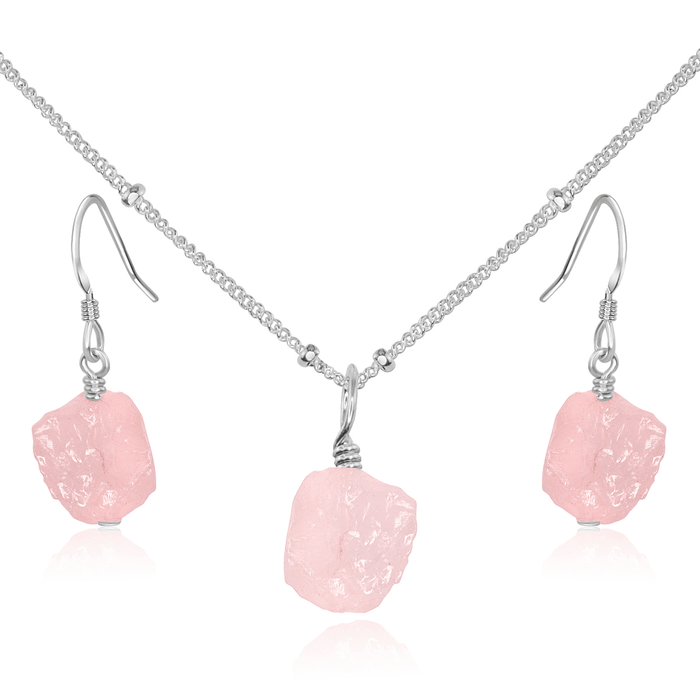 Raw Rose Quartz Crystal Earrings & Necklace Set - Raw Rose Quartz Crystal Earrings & Necklace Set - Sterling Silver / Satellite - Luna Tide Handmade Crystal Jewellery