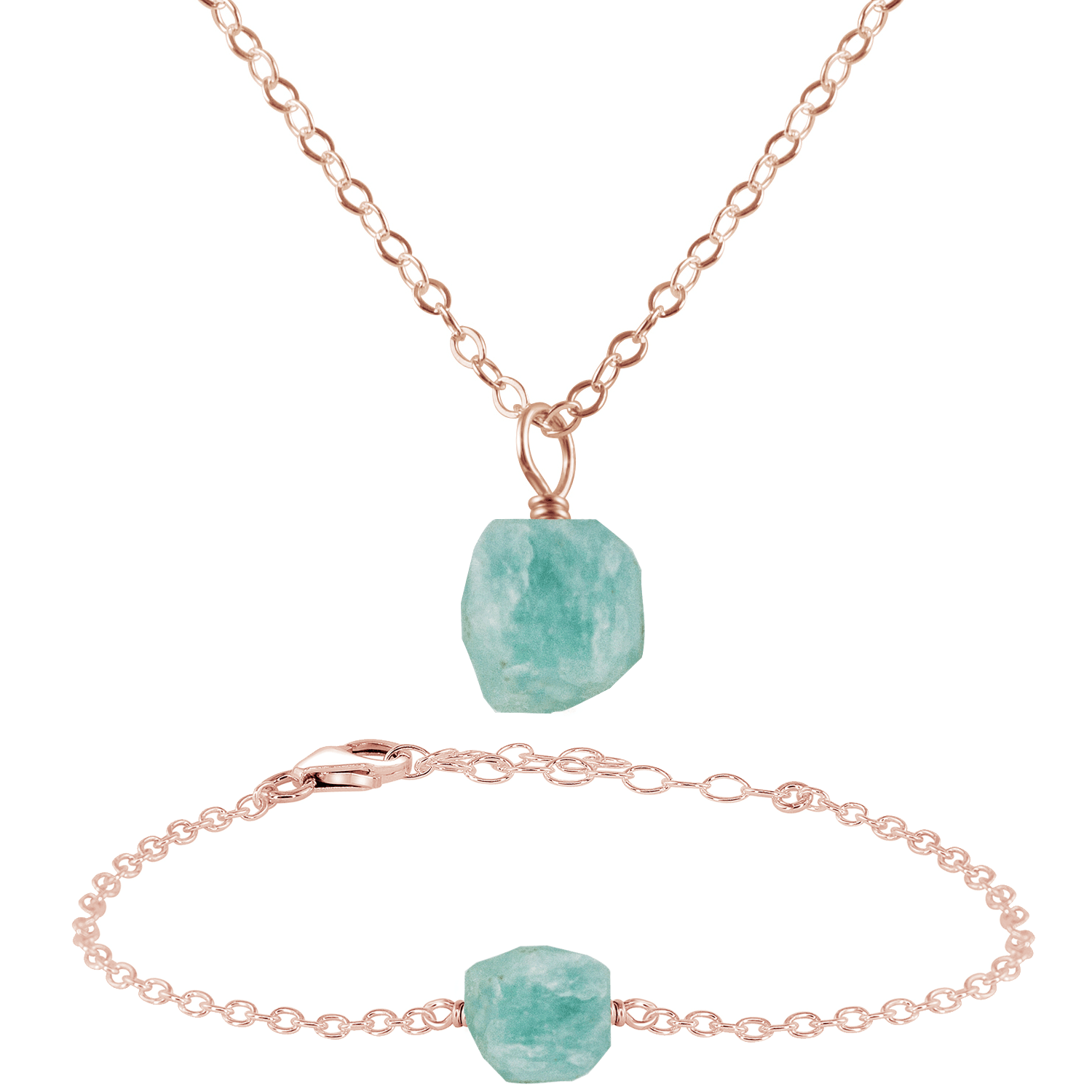 Raw Amazonite Crystal Jewellery Set - Raw Amazonite Crystal Jewellery Set - 14k Rose Gold Fill / Cable / Necklace & Bracelet - Luna Tide Handmade Crystal Jewellery