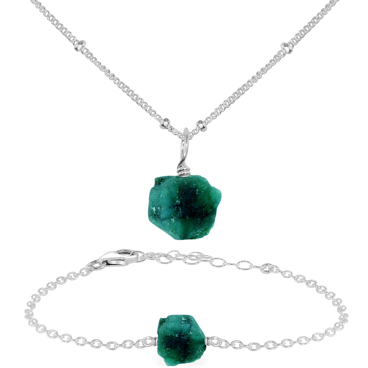 Raw Emerald Crystal Jewellery Set - Raw Emerald Crystal Jewellery Set - Sterling Silver / Satellite / Necklace & Bracelet - Luna Tide Handmade Crystal Jewellery