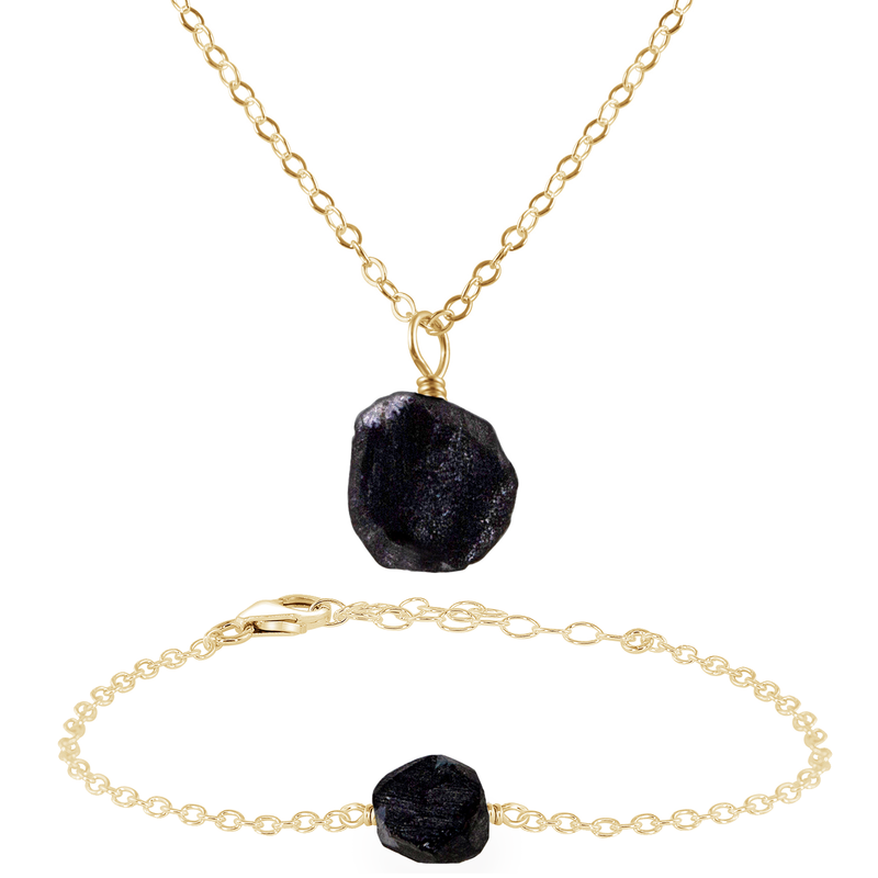 Raw Obsidian Crystal Jewellery Set - Raw Obsidian Crystal Jewellery Set - 14k Gold Fill / Cable / Necklace & Bracelet - Luna Tide Handmade Crystal Jewellery