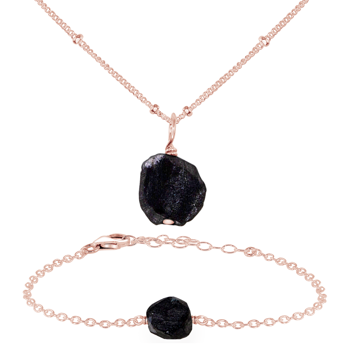 Raw Obsidian Crystal Jewellery Set - Raw Obsidian Crystal Jewellery Set - 14k Rose Gold Fill / Satellite / Necklace & Bracelet - Luna Tide Handmade Crystal Jewellery