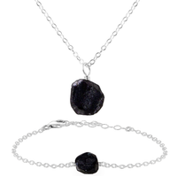 Raw Obsidian Crystal Jewellery Set - Raw Obsidian Crystal Jewellery Set - Sterling Silver / Cable / Necklace & Bracelet - Luna Tide Handmade Crystal Jewellery