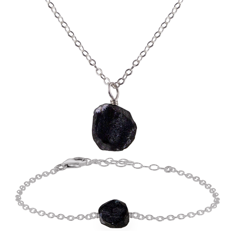 Raw Obsidian Crystal Jewellery Set - Raw Obsidian Crystal Jewellery Set - Stainless Steel / Cable / Necklace & Bracelet - Luna Tide Handmade Crystal Jewellery