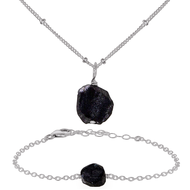 Raw Obsidian Crystal Jewellery Set - Raw Obsidian Crystal Jewellery Set - Stainless Steel / Satellite / Necklace & Bracelet - Luna Tide Handmade Crystal Jewellery