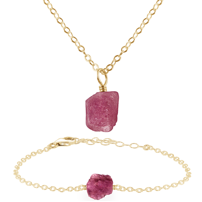 Raw Pink Tourmaline Crystal Jewellery Set - Raw Pink Tourmaline Crystal Jewellery Set - 14k Gold Fill / Cable / Necklace & Bracelet - Luna Tide Handmade Crystal Jewellery