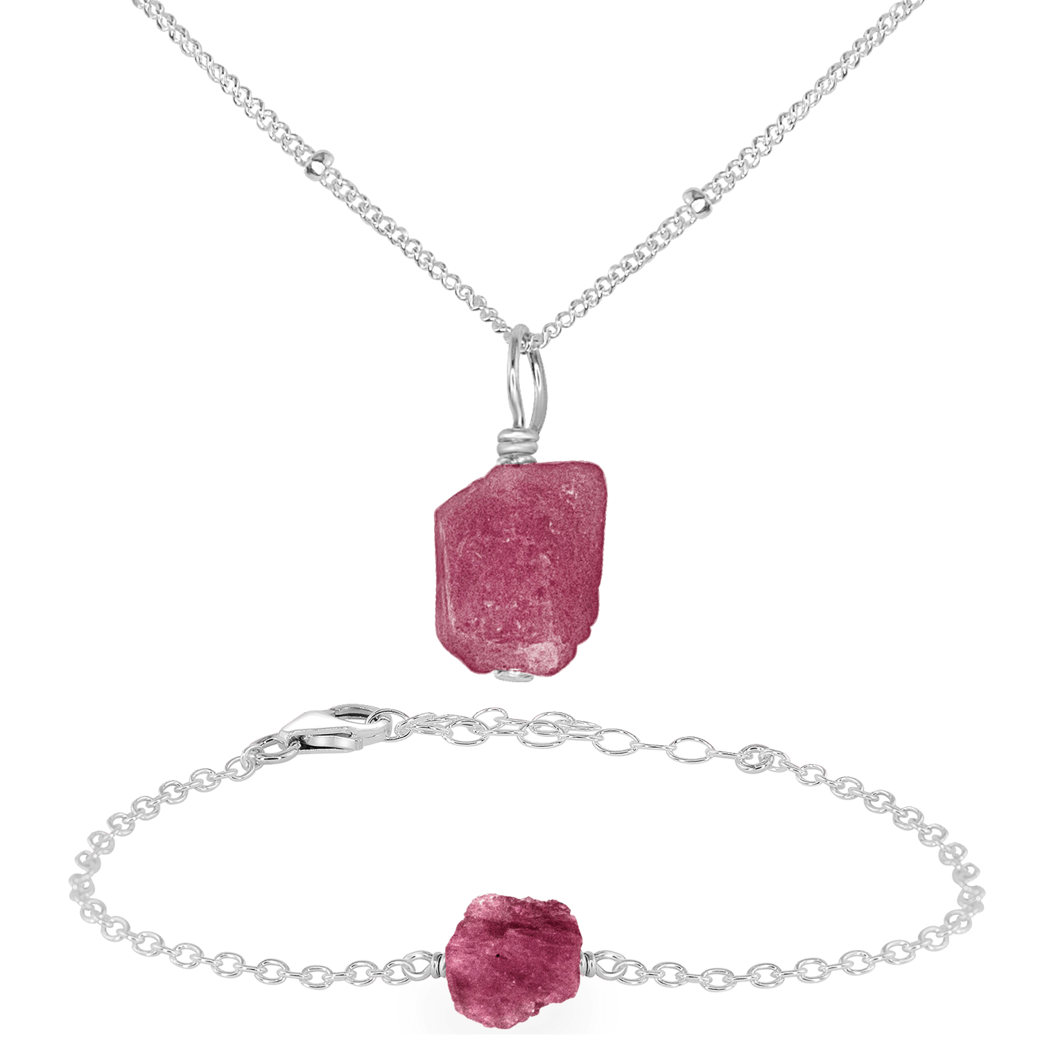 Raw Pink Tourmaline Crystal Jewellery Set - Raw Pink Tourmaline Crystal Jewellery Set - Sterling Silver / Satellite / Necklace & Bracelet - Luna Tide Handmade Crystal Jewellery