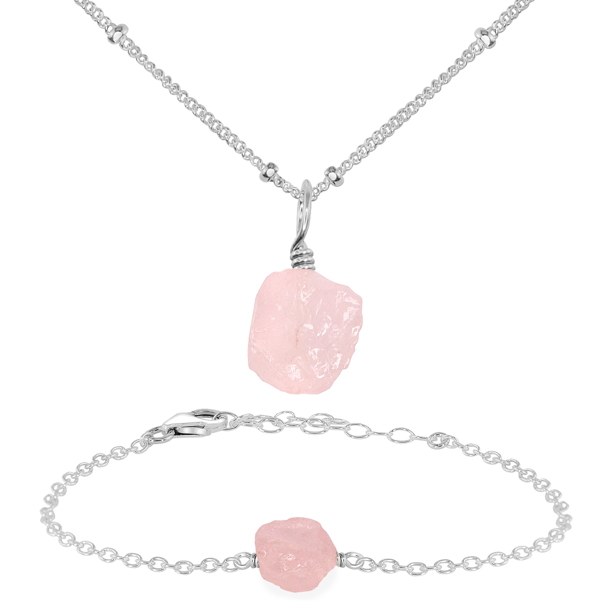 Raw Rose Quartz Crystal Jewellery Set