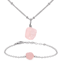 Raw Rose Quartz Crystal Jewellery Set