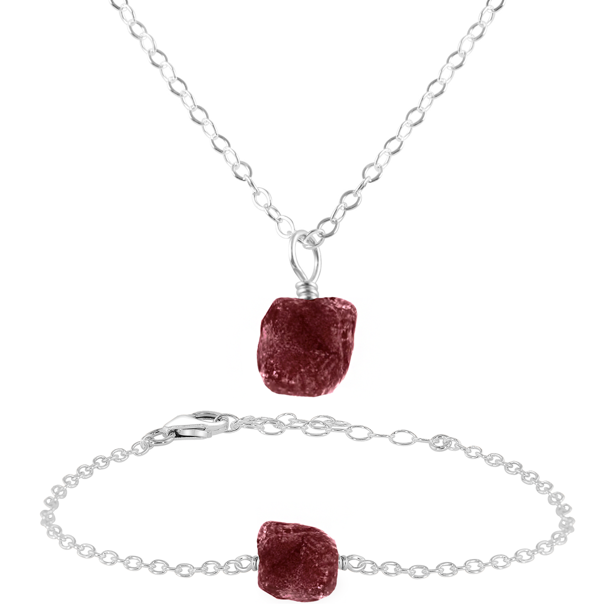 Raw Ruby Crystal Jewellery Set - Raw Ruby Crystal Jewellery Set - Sterling Silver / Cable / Necklace & Bracelet - Luna Tide Handmade Crystal Jewellery