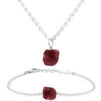 Raw Ruby Crystal Jewellery Set - Raw Ruby Crystal Jewellery Set - Sterling Silver / Cable / Necklace & Bracelet - Luna Tide Handmade Crystal Jewellery