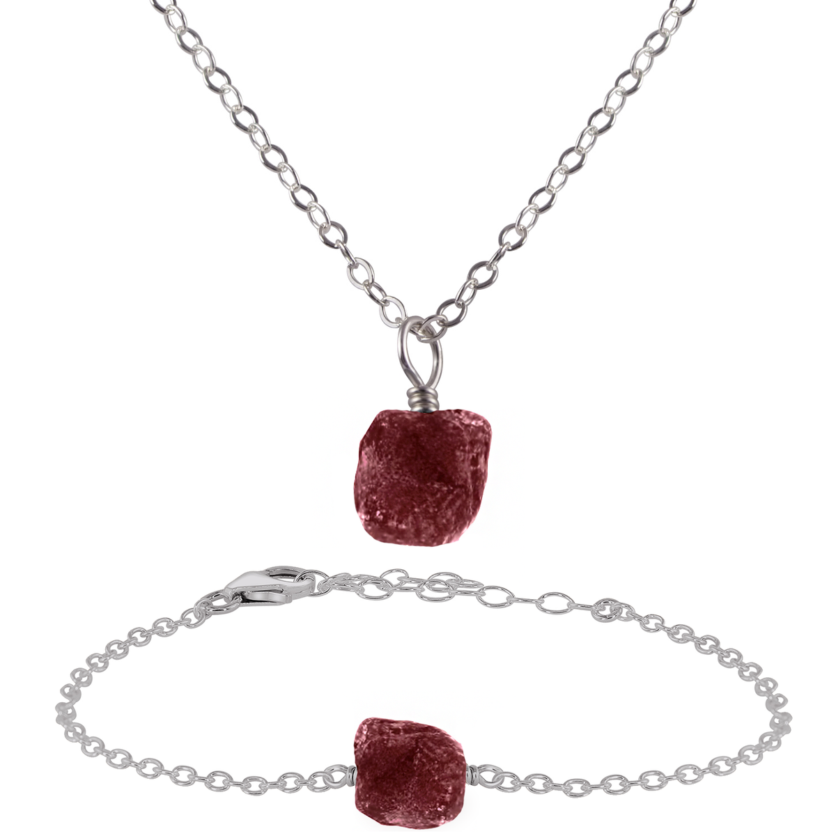 Raw Ruby Crystal Jewellery Set - Raw Ruby Crystal Jewellery Set - Stainless Steel / Cable / Necklace & Bracelet - Luna Tide Handmade Crystal Jewellery