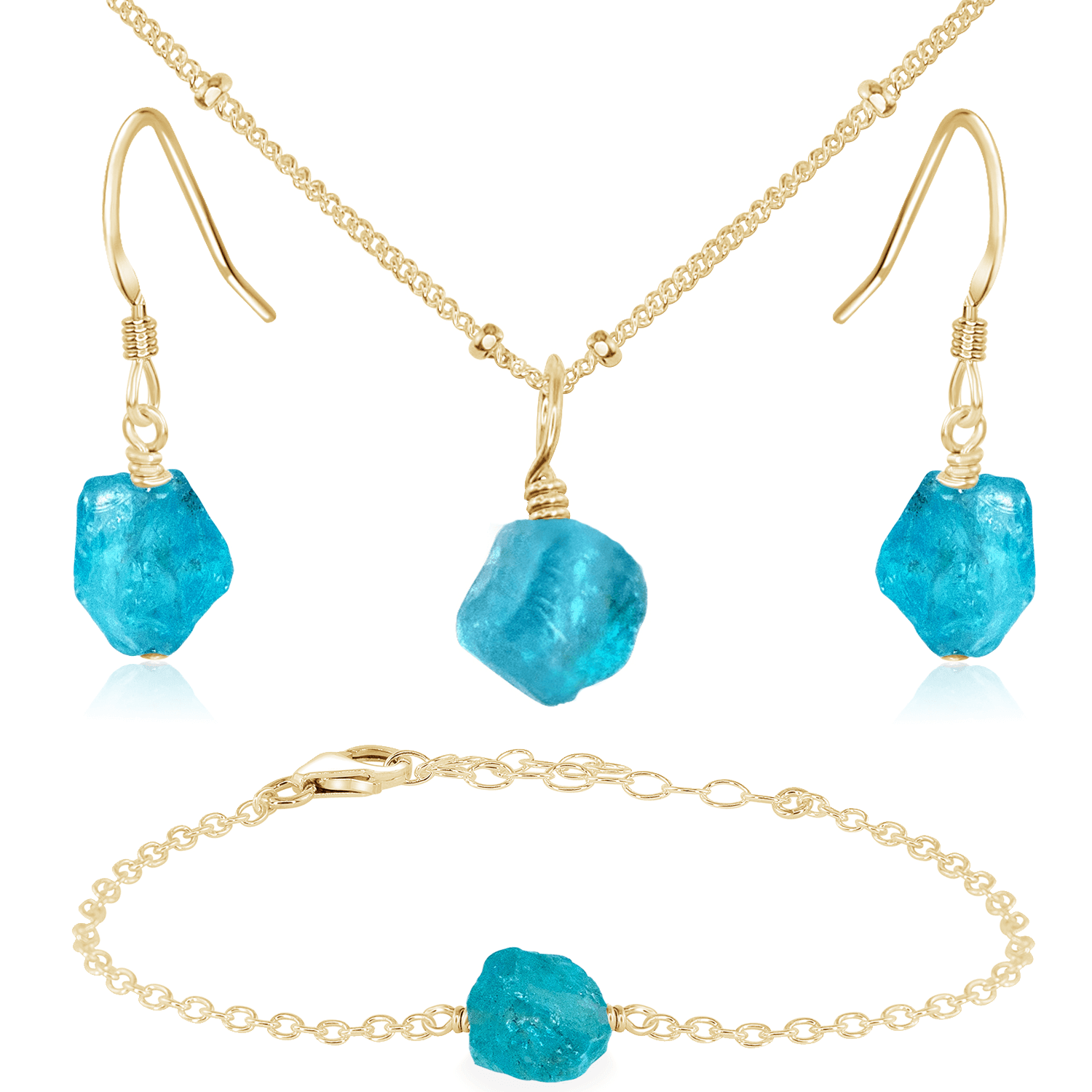 Raw Apatite Crystal Jewellery Set - Raw Apatite Crystal Jewellery Set - 14k Gold Fill / Satellite / Necklace & Earrings & Bracelet - Luna Tide Handmade Crystal Jewellery