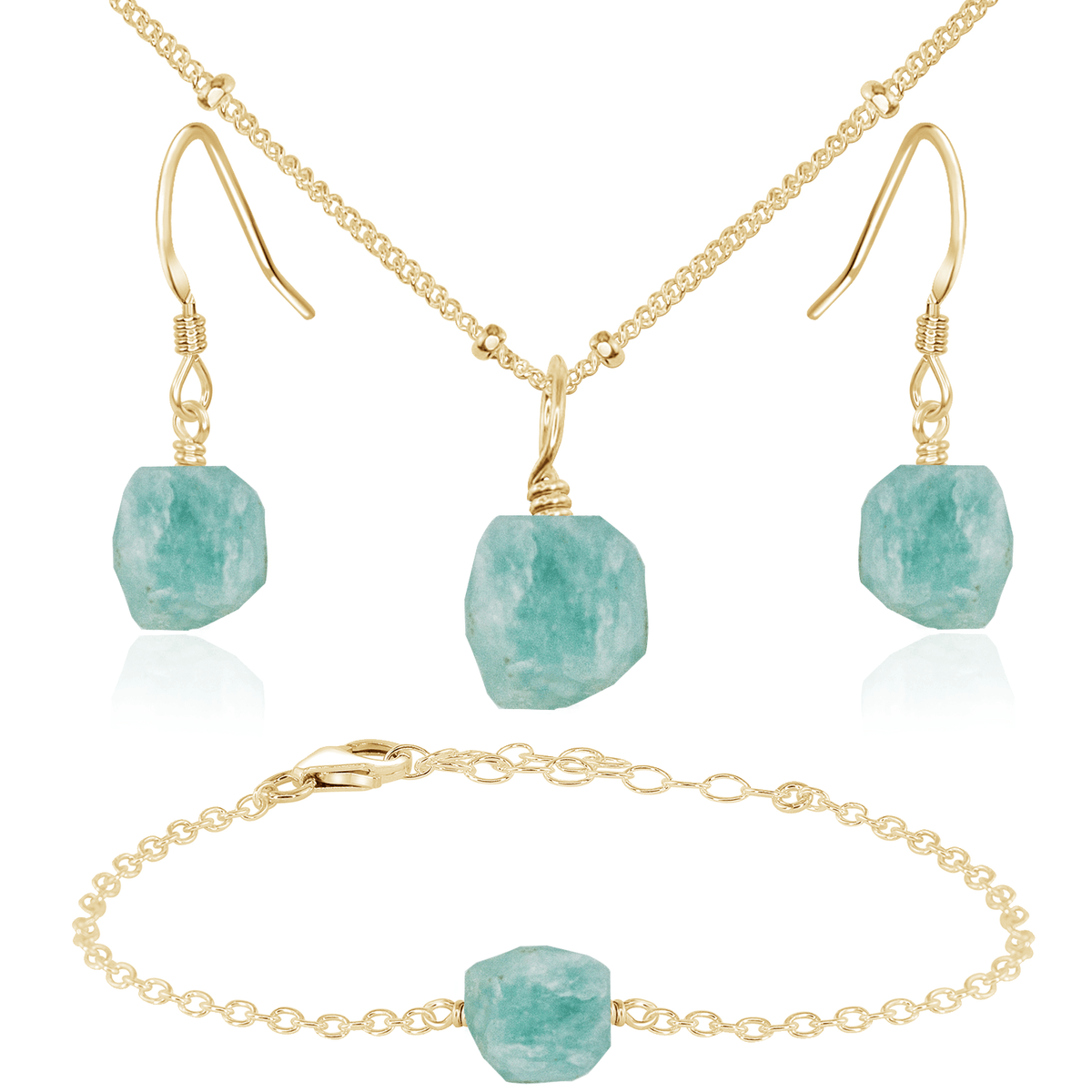 Raw Amazonite Crystal Necklace, Earrings and Bracelet Set - Raw Amazonite Crystal Necklace, Earrings and Bracelet Set - 14k Gold Fill / Satellite / Necklace & Earrings & Bracelet - Luna Tide Handmade Crystal Jewellery