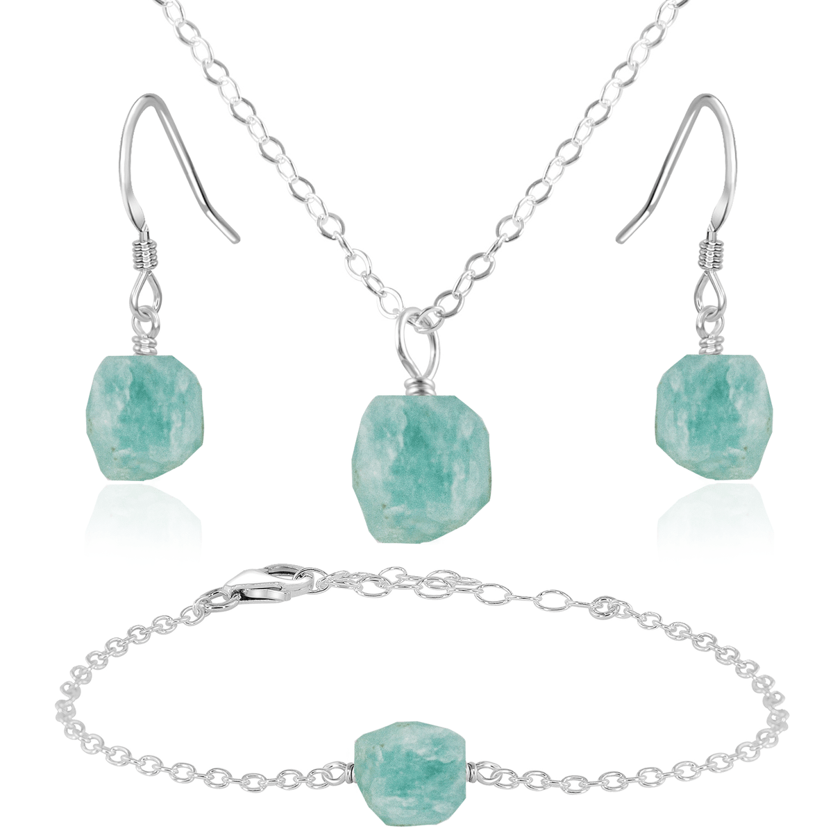 Raw Amazonite Crystal Necklace, Earrings and Bracelet Set - Raw Amazonite Crystal Necklace, Earrings and Bracelet Set - Sterling Silver / Cable / Necklace & Earrings & Bracelet - Luna Tide Handmade Crystal Jewellery