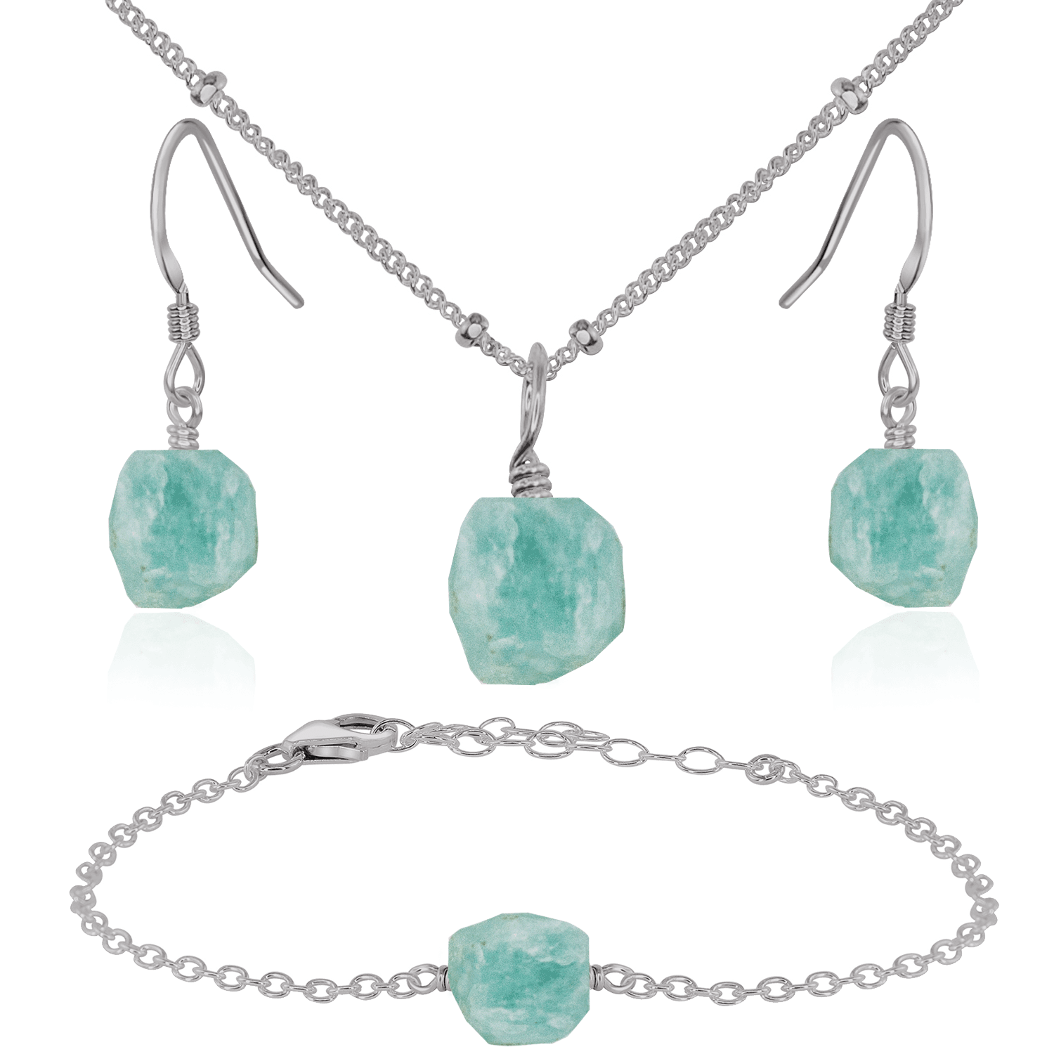 Raw Amazonite Crystal Jewellery Set - Raw Amazonite Crystal Jewellery Set - Stainless Steel / Satellite / Necklace & Earrings & Bracelet - Luna Tide Handmade Crystal Jewellery