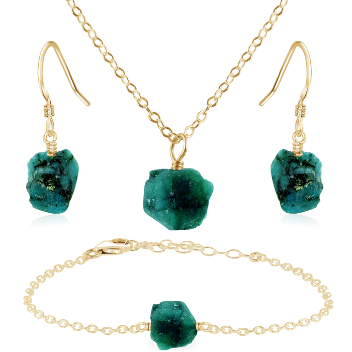 Raw Emerald Crystal Jewellery Set - Raw Emerald Crystal Jewellery Set - 14k Gold Fill / Cable / Necklace & Earrings & Bracelet - Luna Tide Handmade Crystal Jewellery