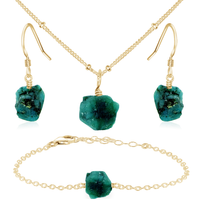 Raw Emerald Crystal Jewellery Set - Raw Emerald Crystal Jewellery Set - 14k Gold Fill / Satellite / Necklace & Earrings & Bracelet - Luna Tide Handmade Crystal Jewellery