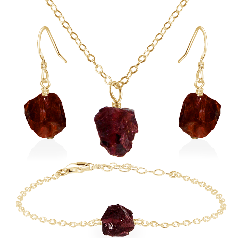 Raw Garnet Crystal Jewellery Set - Raw Garnet Crystal Jewellery Set - 14k Gold Fill / Cable / Necklace & Earrings & Bracelet - Luna Tide Handmade Crystal Jewellery