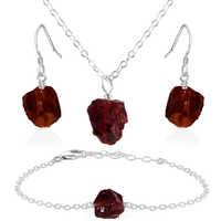 Raw Garnet Crystal Jewellery Set - Raw Garnet Crystal Jewellery Set - Sterling Silver / Cable / Necklace & Earrings & Bracelet - Luna Tide Handmade Crystal Jewellery
