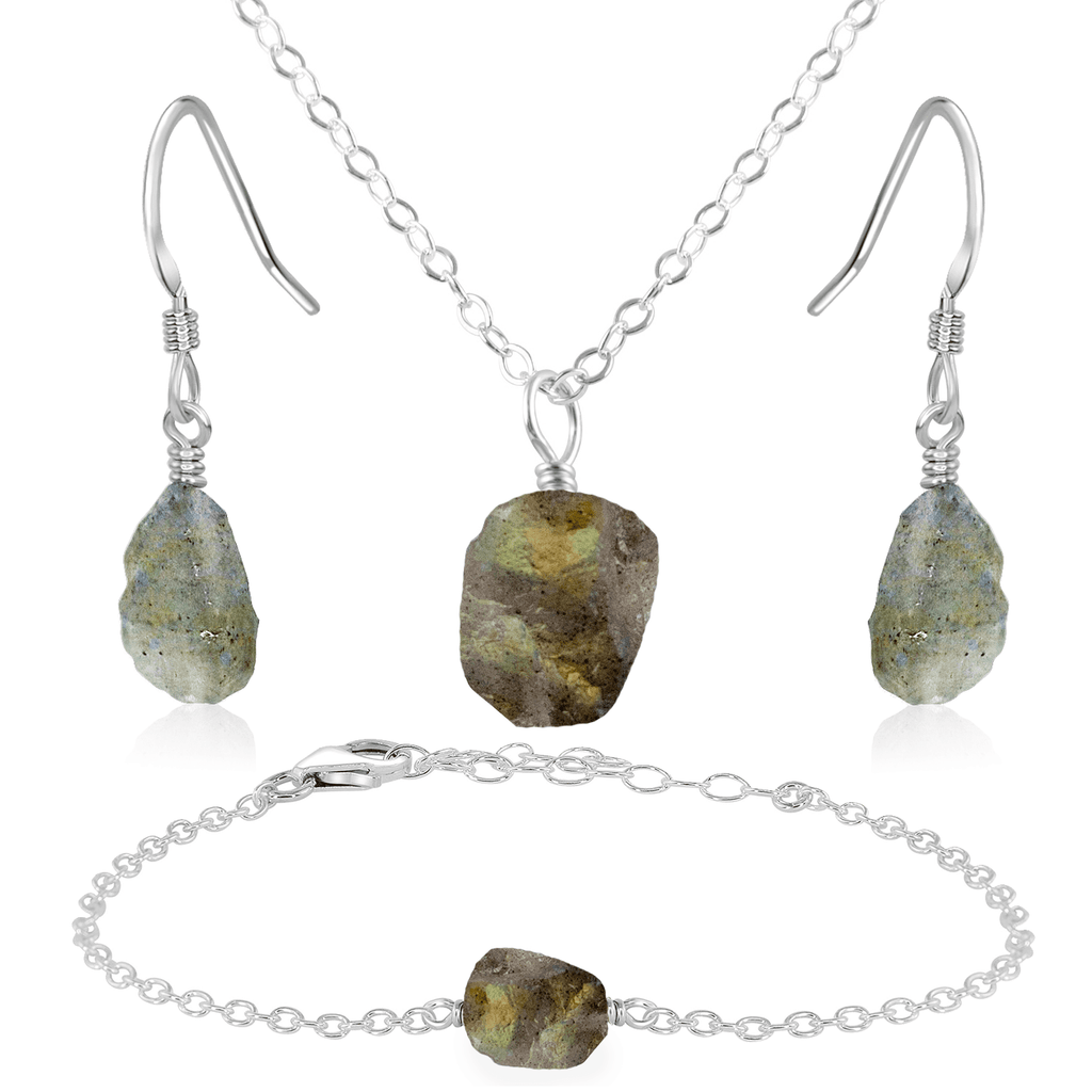 Raw Labradorite Crystal Jewellery Set - Raw Labradorite Crystal Jewellery Set - Sterling Silver / Cable / Necklace & Earrings & Bracelet - Luna Tide Handmade Crystal Jewellery
