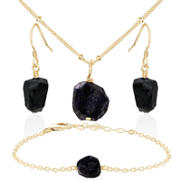 Raw Obsidian Crystal Jewellery Set - Raw Obsidian Crystal Jewellery Set - 14k Gold Fill / Satellite / Necklace & Earrings & Bracelet - Luna Tide Handmade Crystal Jewellery
