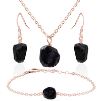 Raw Obsidian Crystal Jewellery Set - Raw Obsidian Crystal Jewellery Set - 14k Rose Gold Fill / Cable / Necklace & Earrings & Bracelet - Luna Tide Handmade Crystal Jewellery