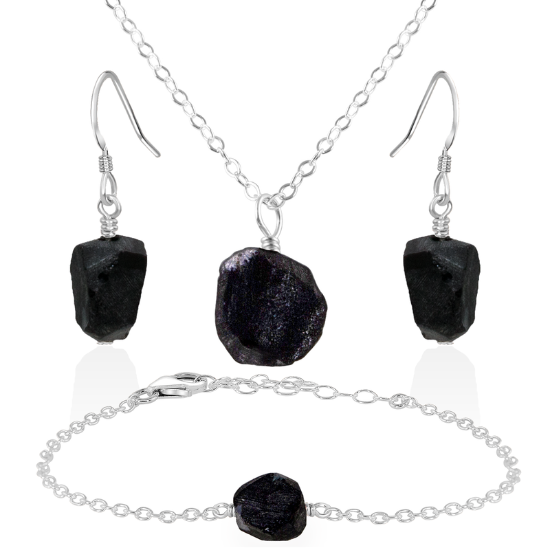 Raw Obsidian Crystal Jewellery Set - Raw Obsidian Crystal Jewellery Set - Sterling Silver / Cable / Necklace & Earrings & Bracelet - Luna Tide Handmade Crystal Jewellery