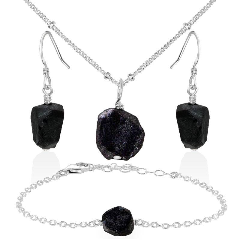Raw Obsidian Crystal Jewellery Set - Raw Obsidian Crystal Jewellery Set - Sterling Silver / Satellite / Necklace & Earrings & Bracelet - Luna Tide Handmade Crystal Jewellery