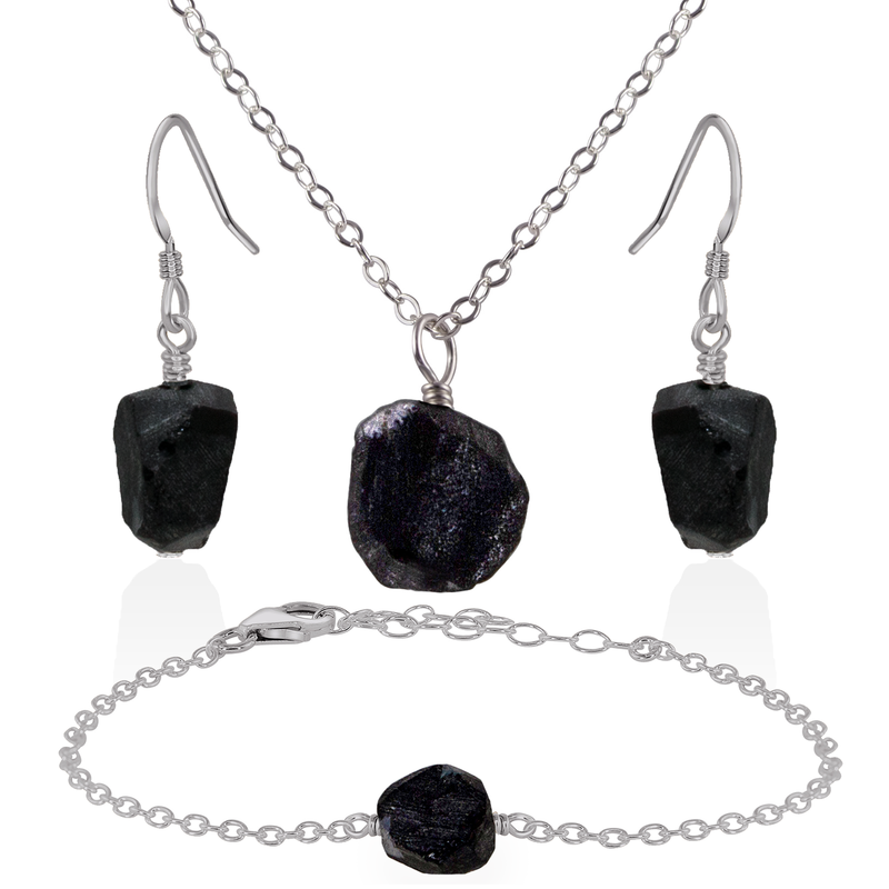 Raw Obsidian Crystal Jewellery Set - Raw Obsidian Crystal Jewellery Set - Stainless Steel / Cable / Necklace & Earrings & Bracelet - Luna Tide Handmade Crystal Jewellery